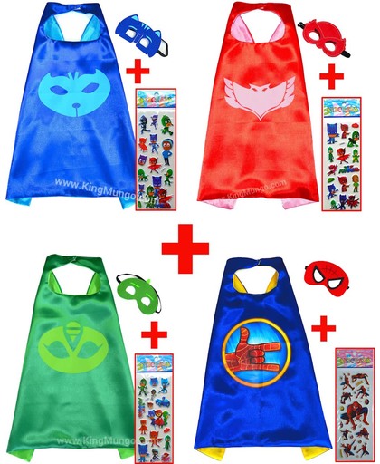 PJ Masks SET Capes met Maskers + stickers - Set van 3 Pyjama Masks Superhelden en Spiderman - Verkleedkleren kostuum Jongens en meisjes - King Mungo - KMSC036