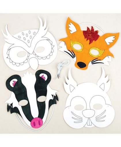 Maskers 'bosdieren' om zelf in te kleuren voor kinderen. Leuke knutsel- en decoratiesets voor jongens en meisjes (6 stuks per verpakking)