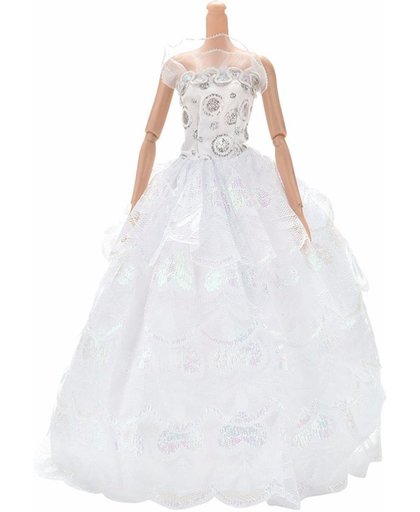 Witte Prinsessenjurk, baljurk of trouwjurk met glitter en een schort van 4 lagen kant voor de Barbie pop - NBH®
