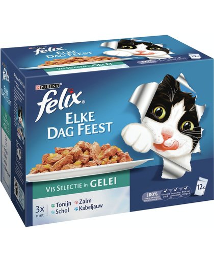 FELIX Elke Dag Feest - Malse reepjes in Gelei - Vis - Kattenvoer - 12 x 100 gr