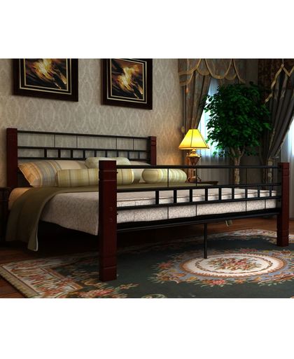 vidaXL Metal Bed with Wooden Leg 140x200 cm