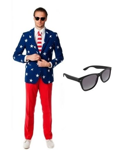 Heren kostuum / pak met Amerikaanse vlag print maat 54 (2XL) - met gratis zonnebril