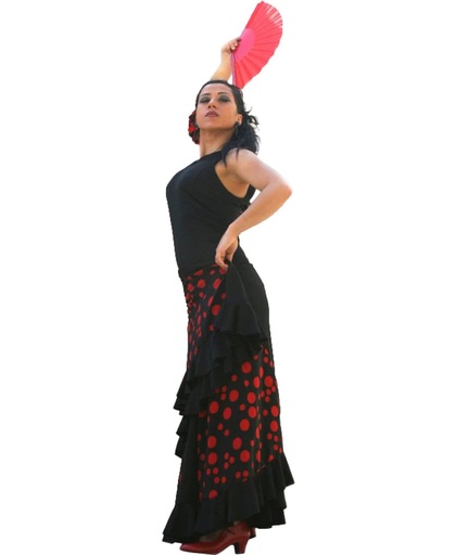 Spaanse jurk - Dans jurk Flamenco - Zwart rode stippen - Maat L - Volwassenen - Verkleed jurk