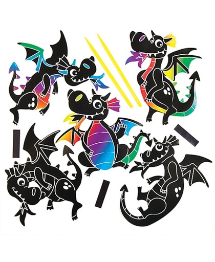 Set met magneten met kraskunst in de vorm van een draak die kinderen kunnen ontwerpen, maken en ophangen – creatieve knutselset voor kinderen (verpakking van 10)
