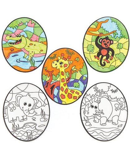 Inkleurbare raamdecoraties met jungledieren voor kinderen om te maken - Creatieve knutselset voor kinderen (12 stuks per verpakking)