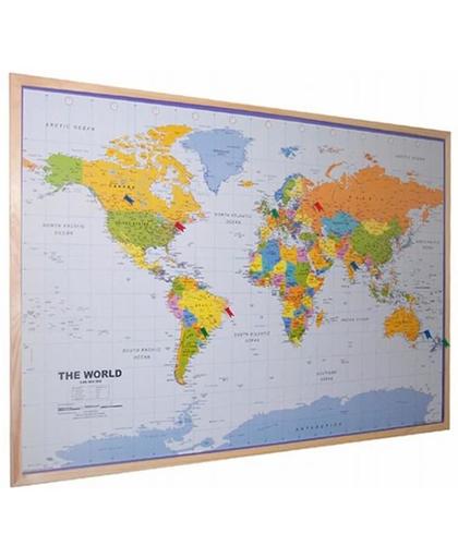 kurk prikbord wereldkaart met houten lijst 90 x 60 cm.