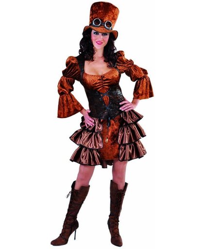 Steampunk kostuum voor dames - Bruine jurk met satijnen stroken - maat 50/52