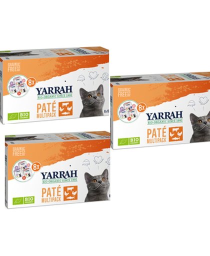 Yarrah biologisch kattenvoer paté in multi pack, 3 doosjes met 8x 100g