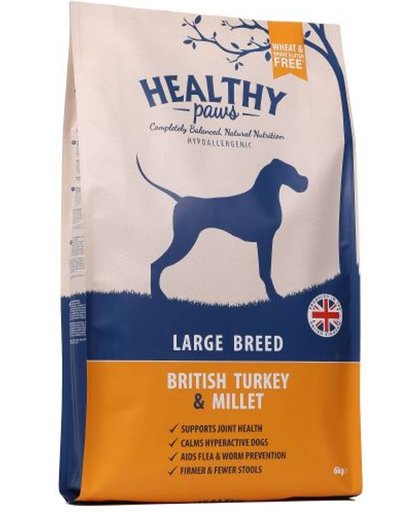 Healthy paws adult large breed britse kalkoen / gierst hondenvoer 6 kg