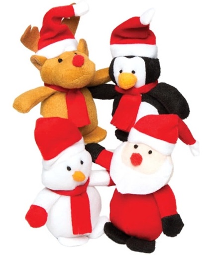 Mini-kerstvriendjes met bonenzakje. Knuffels voor kinderen om mee te spelen. Perfect voor in de kerstsok of in tasjes voor winterse feestjes (4 stuks)