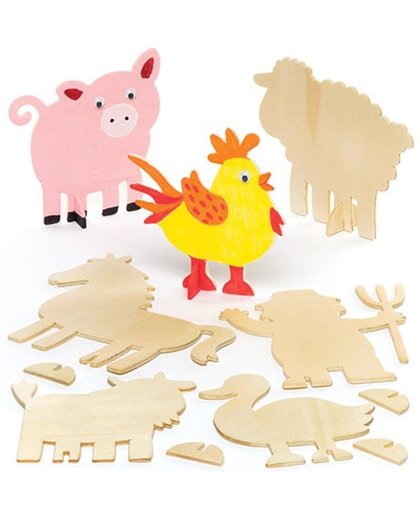 Houten opstaande boerderijdieren voor kinderen om te maken, versieren en neer te zetten - Houten knutselset (10 stuks per verpakking)