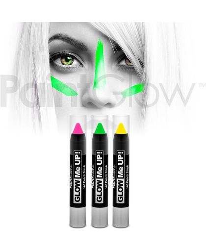 Neon / Blacklight Schmink Stiften PaintGlow - 3 stuks (Roze, groen, geel)