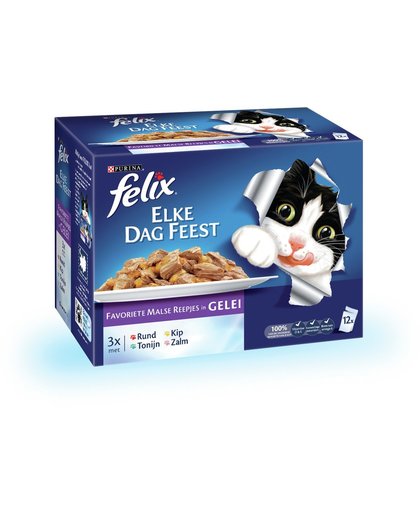 FELIX Elke Dag Feest - Malse reepjes in Gelei - Mix Selectie - Kattenvoer - 12 x 100 gr