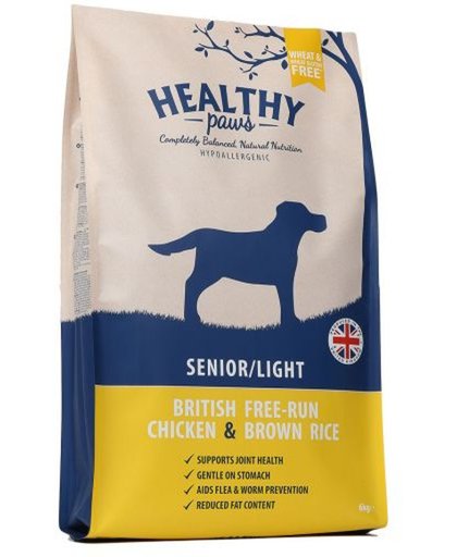 Healthy paws senior / light vrije uitloop kip / zilvervliesrijst hondenvoer 6 kg