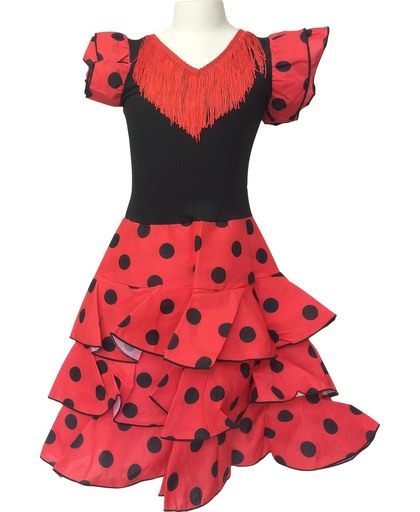 Spaanse jurk - Flamenco - Niño - Rood/Zwart - Maat 92/98 (4) - Verkleed jurk