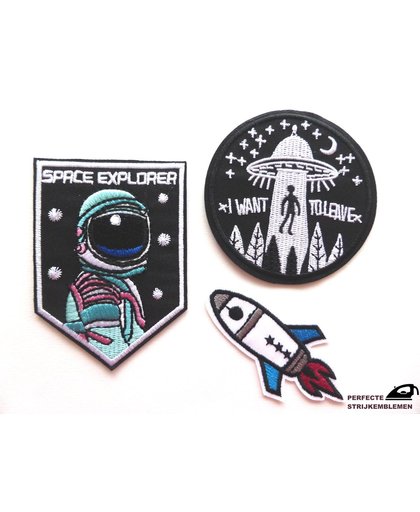Strijk embleem ‘Out of space astronaut patch set (3)’ – stof & strijk applicatie