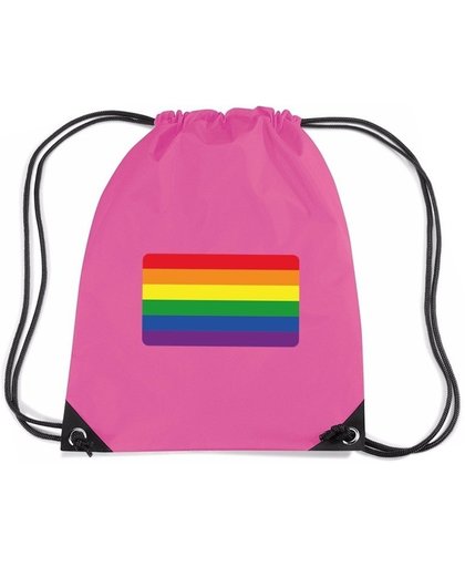 Regenboog nylon rijgkoord rugzak/ sporttas roze met Regenboog vlag