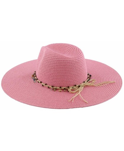 Leuke roze Ibiza hoed met beige touwtjes met kraaltjes eraan. De doorsnee lengte is 42 centimeter.