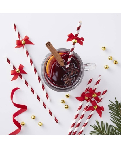 Red Foiled Straws With Bells - Red & Gold (10 stuks)
