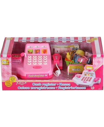 Roze speelgoed kassa met boodschappen
