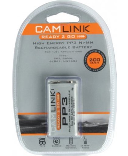 Camlink 9V (8,4V) 200mAh NiMH Oplaadbare batterij - PP3 - 6AM4 - 6LR61 - MN1604 - 1 stuk