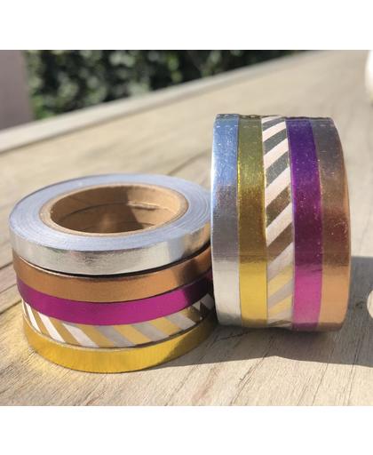 5 rollen Washi tape - glimmend goud/zilver/brons/paars/gestreept decoratietape - 5 mm