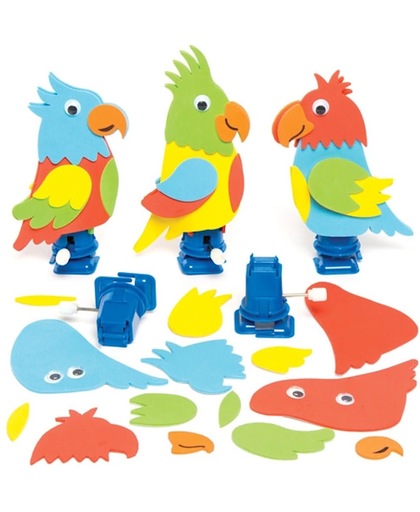 Sets met opwindbare papegaaien voor kinderen om te ontwerpen, te maken en te versieren. Creatieve lente-foamknutselset voor kinderen (verpakking van 3)