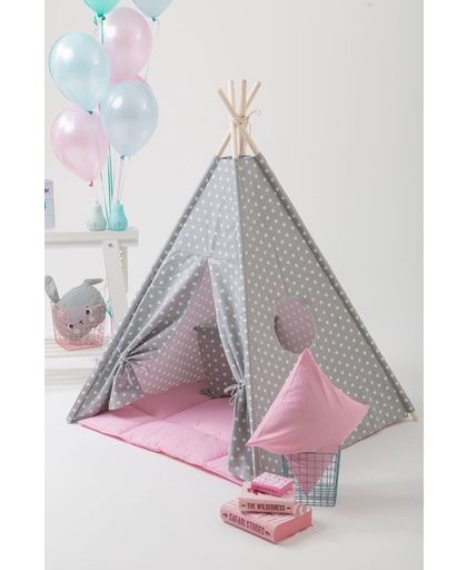 Tipi Tent - Speeltent - Tent -Wigwam - Wit met Grijze sterren - Inclusief Speelmat & Kussensloop
