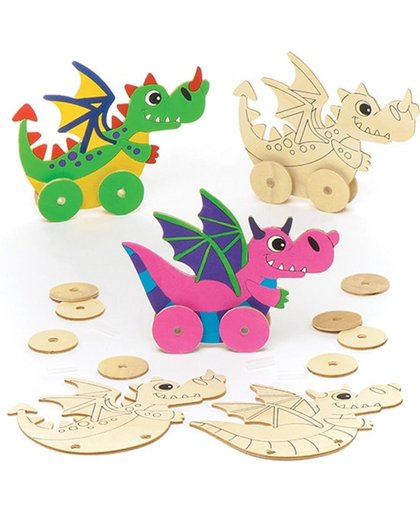 Sets met houten racers in de vorm van een draak voor kinderen om te maken en versieren - Creatieve speelgoedknutselset voor kinderen (4 stuks per verpakking)
