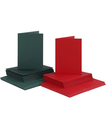 Kaarten en enveloppen, afmeting kaart 10,5x15 cm, afmeting envelop 11,5x16,5 cm, 50 sets, groen, rood