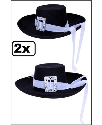 2x Musketier hoed zwart + witte band