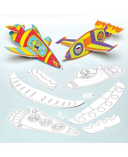 In te kleuren zweefvliegtuigjes in de vorm van een raket, die kinderen naar eigen smaak kunnen versieren. Creatief speelgoed, perfect voor in de kerstsok en feesttasjes (8 stuks)