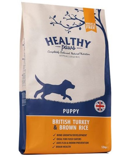 Healthy paws puppy britse kalkoen / zilvervliesrijst hondenvoer 12 kg