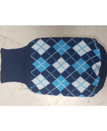Gebreide trui met patroon geblokt in de kleur blauw voor de hond - L (lengte rug 32 cm, omvang borst 40 cm, omvang nek 30 cm)