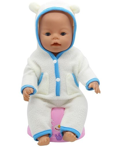 Wit/blauw zachte jongens pyjama/onesie met cappuchon met oortjes - poppenkleertjes voor pop 40-45 cm zoals Baby Born