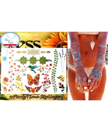Plak Tattoos - Kleurrijke Metallic Tattoo's - Body Choker - Tijdelijke Tatoeage - Festival Tatoes - Zomer feest tatoeage's - Tattoo - 1 vel Lente