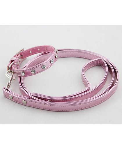 Honden riem met halsband in de kleur roze - L halsband 28-38 cm
