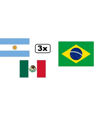3x Vlag Brazilie, Mexico en Argentinie