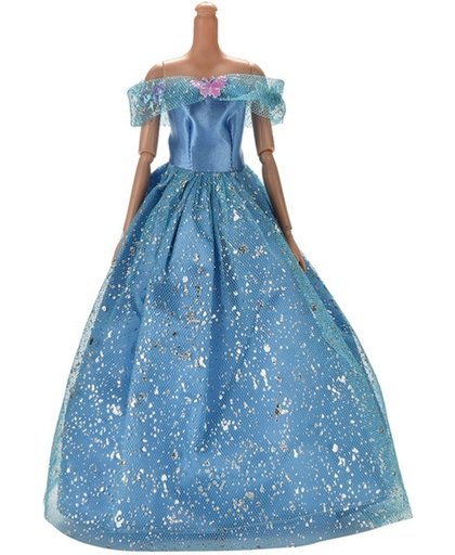 Blauwe Prinsessenjurk, baljurk of trouwjurk met een kantlaag van glitters voor de Barbie pop NBH®