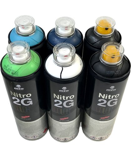 6 stuks pakket MTN 2G Nitro spuitbussen - Blauw groen set - 500ml spuitverf - Hoge druk en matte afwerking, extra dekkend - Spuitverf voor binnen en buiten gebruik voor vele doeleinden, zoals klussen, graffiti, hobby en kunst