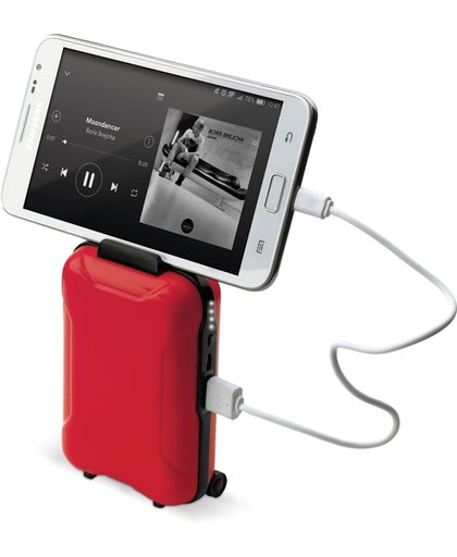 Bluetooth speaker + powerbank Uniek design  |  Bluetooth  |  5.000 mAh  |  3W  |  Lithium polymer batterij  |  Accuduur tot 16 uur  |  Inclusief kabel | koffer trolley
