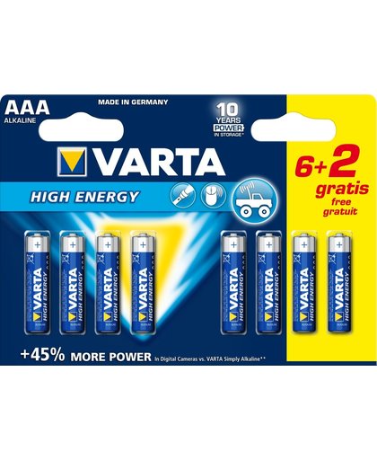 Varta High Energy AAA 6+2pcs Alkaline 1.5V niet-oplaadbare batterij