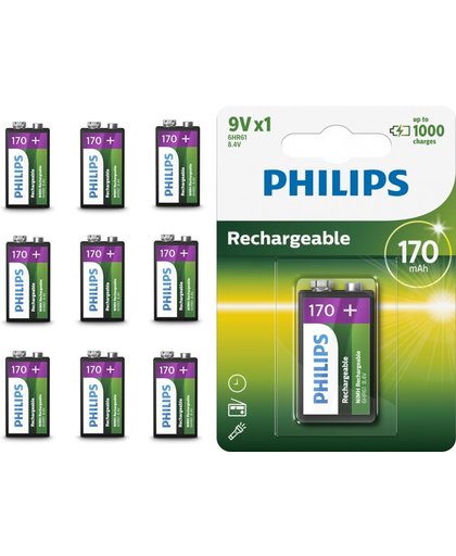 10 Stuks - Philips MultiLife 9V HR22/6HR61 170mAh oplaadbare batterij