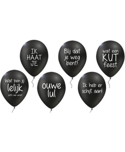 Hork-pakket met 12 verwensballonnen: 2x  Ik haat je , 2x  Blij dat je weg bent , 2x  wat een kut feest , 2x  ouwe lul , 2x  wat ben jij lelijk - zelfs van veraf , 2x 'ik heb er schijt aan!'