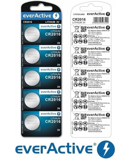 5x EverActive 2016 CR2016 DL2016 3v Lithium Batterij
