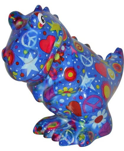 Pomme-pidou spaarpot dinosaurus 'Tito' M blauw met sterretjes, hartjes en bloemetjes
