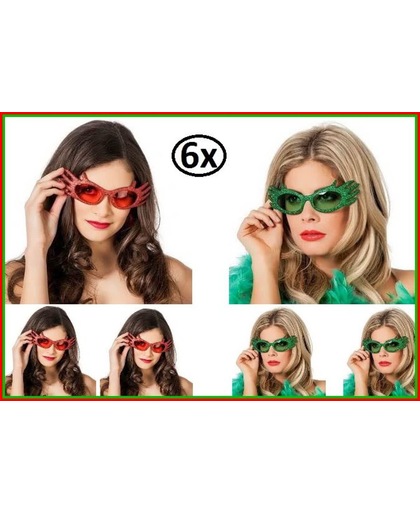 6x Dame edna bril met glitters rood en groen