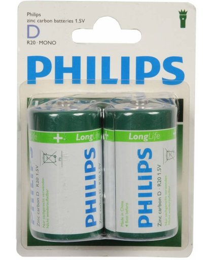 Philips Longlife D - R20 Batterij 2 stuks