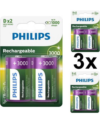 6 Stuks (3 Blisters a 2St) - Philips MultiLife 1.2V D / HR20 3000mAh NiMh oplaadbare batterij
