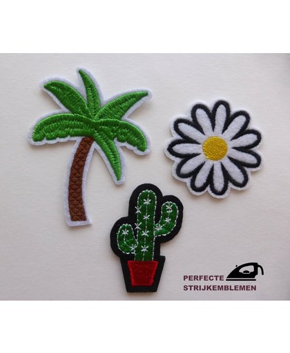 Strijk embleem ‘Palmboom, cactus en bloem patch set (3)’ – stof & strijk applicatie